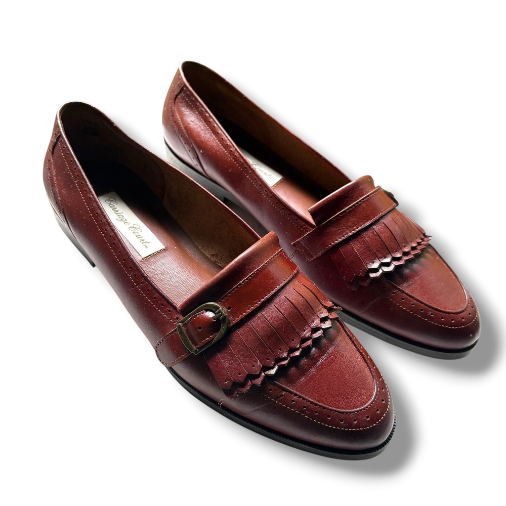 Carriage Court Womens Cognac Brown Leather Kiltie Loafers Brogue Buckle Shoes - Picture 2 of 11